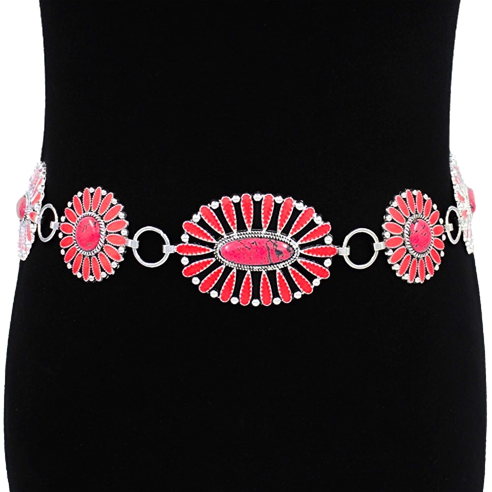 Silver & Red Boho Vintage Western Stone Concho Statement Belt